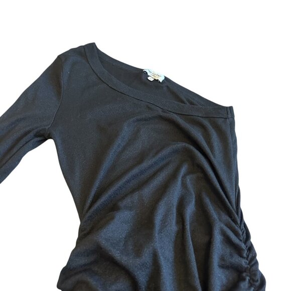 Michael Stars Black One Shoulder Dress Long Sleeve Ruched Stretch Size Large - Picture 2 of 13